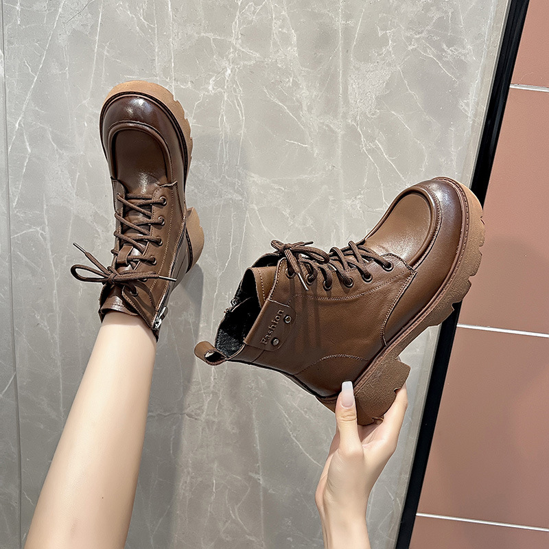 ShoeVault First Layer Cowhide Martin Boots For Women, Autumn And Winter Vintage British Style Casual Short Round Toe Mid-Calf_vogvips.com
