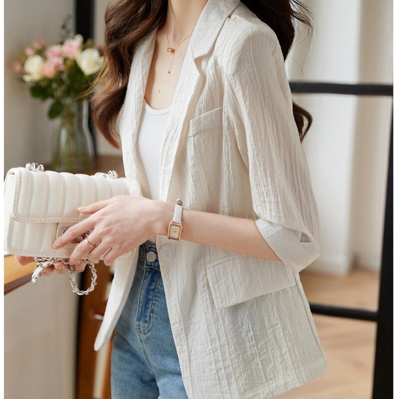 2025 New Solid Color Blazer for Women, Sun-Protective Casual Chiffon Trendy Thin Top with Half Sleeves, Summer Apricot Color