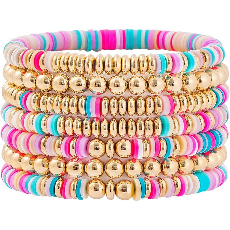 Surfer Heishi Clay Beaded Bracelet Women Bohemian Stackable Gold Color Beaded