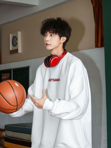 250g Heavyweight Print Crewneck Padded Hoodie for Men - Autumn/Winter Style, Japanese Sporty Style, Hooded Top for Boys