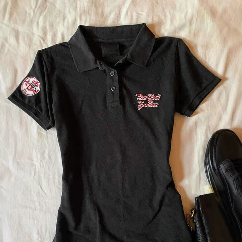 Vintage Sweet Black Polo Collar Shoulder Short-sleeved T-shirt Women's Summer Small Slim-fit Short Slim-fit Top Ins