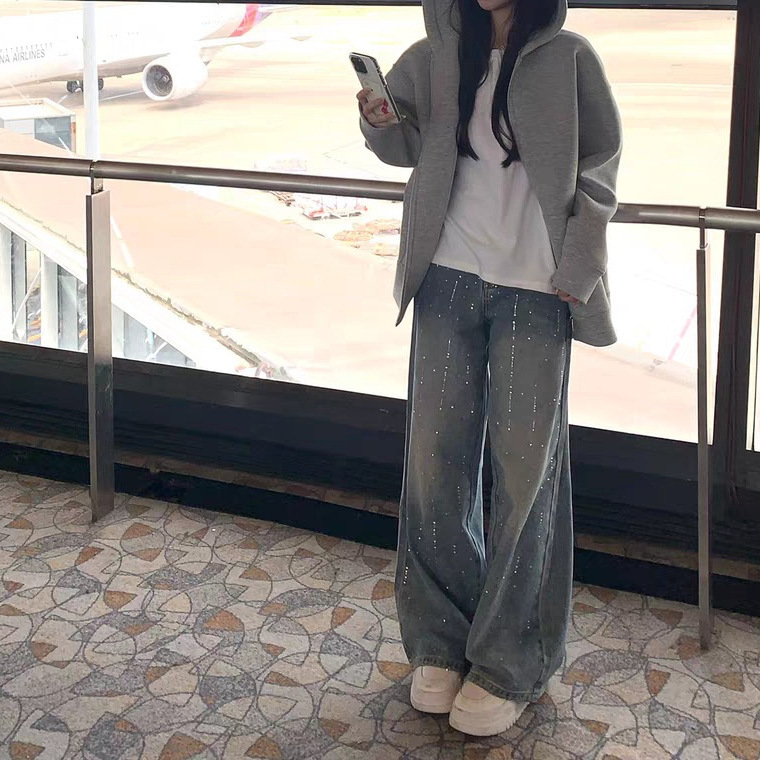 Titi1 Lady's Starry Sky Denim Jeans for Women, Autumn Heavy Rhinestone Mid-Low Waist Retro Wide-Leg Pants