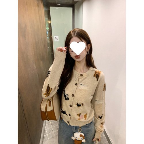 Design sense fashionable cute dog floral contrasting color long sleeve knit sweater for women loose matchy-matchy top trendy