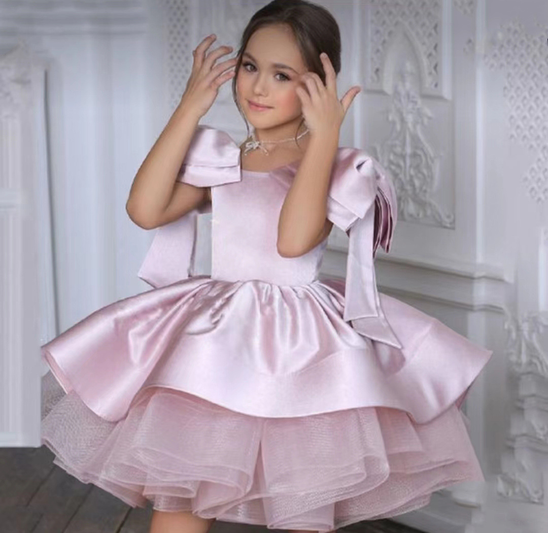 Pre-sale Girls Bow Sleeve Dress Puffy Mesh Princess Birthday Party Puff Sleeve Dress - 4
