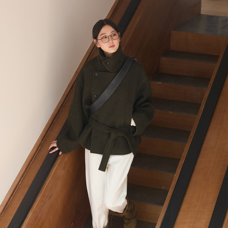 Kim Min-Hee Upgraded Version Alpaca Wool Blend Coat Thickened Warm Stand Collar Lem Style Tie Wool Coat