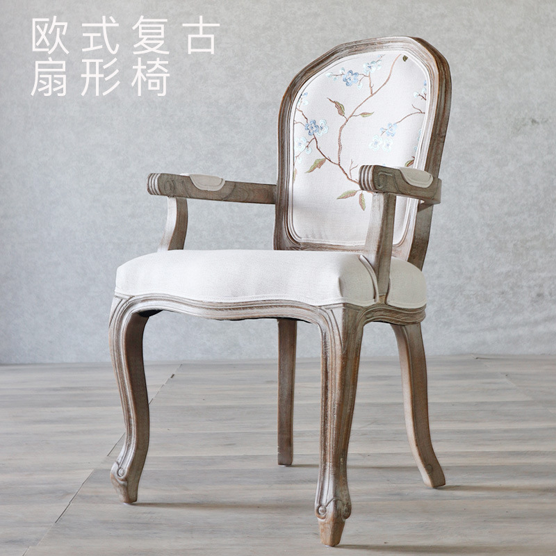 French-Style Dining Chair, Antique European Solid Wood Distressed Soft Cushion Backrest Chair, Leisure Armchair, Hotel Designer Chair G&
