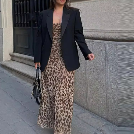 Cross-border Summer New Women's Clothing Animal Print Strap Long Dress Slimming And Sexy Pleated Design_ecoleips.com