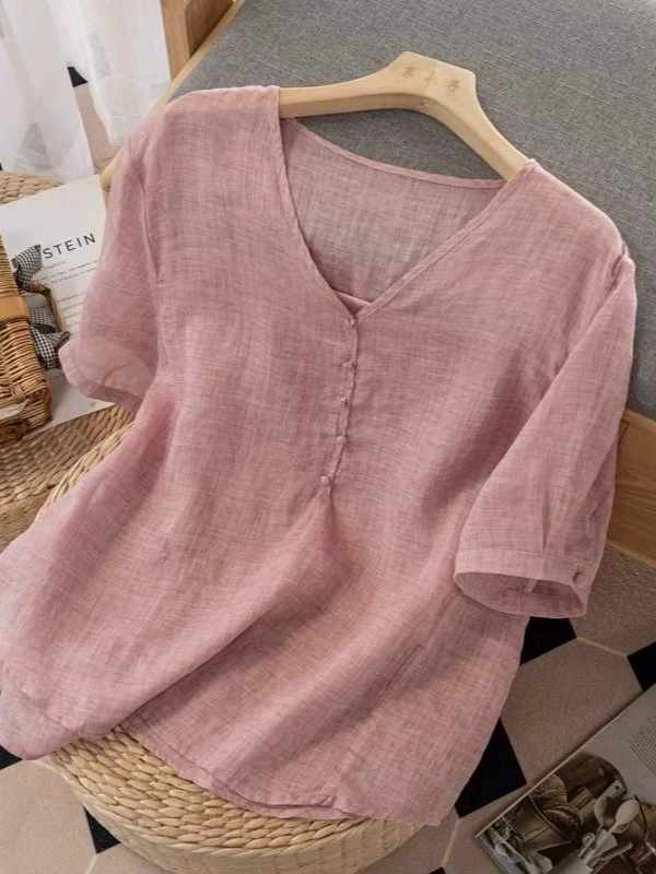 Рубашка с короткими рукавами, свободный воротник, однотонный утягивающий однотонный универсальный повседневный тонкий топ, новая летняя рубашка-пуловер из хлопка и льна для женщин.