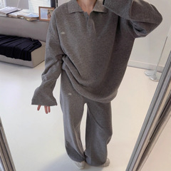 Alo欧美春秋老钱风套装Polo领针织套头衫阔腿长裤两件套针织套装