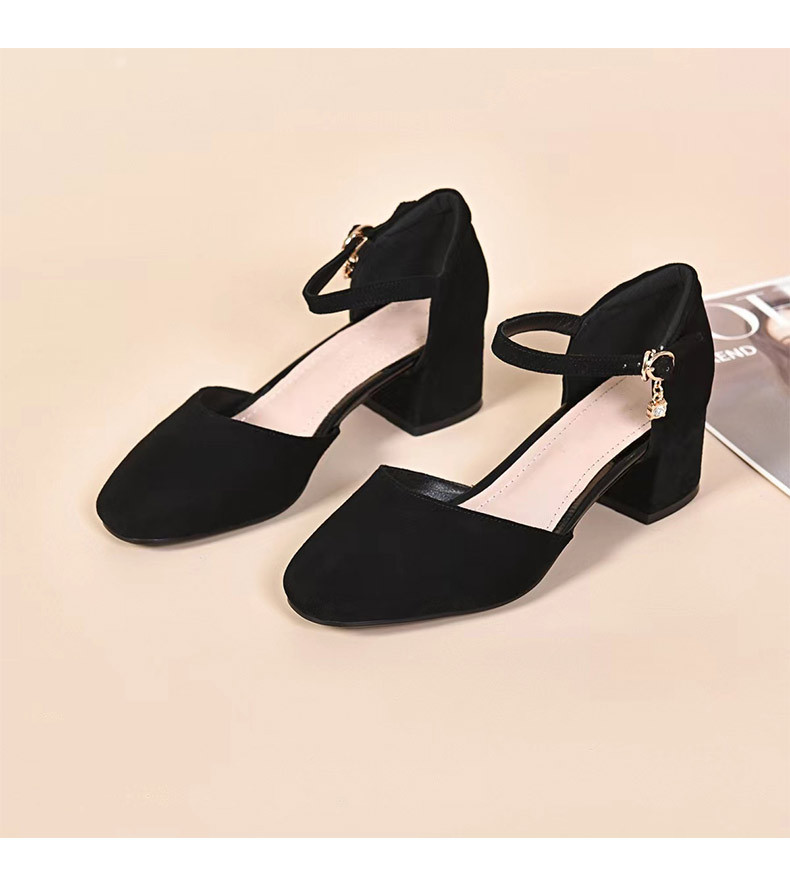 Sandal cao gót nữ quai ngang gót vuông da lộn — Màu đen Cashmere chi tiết 12