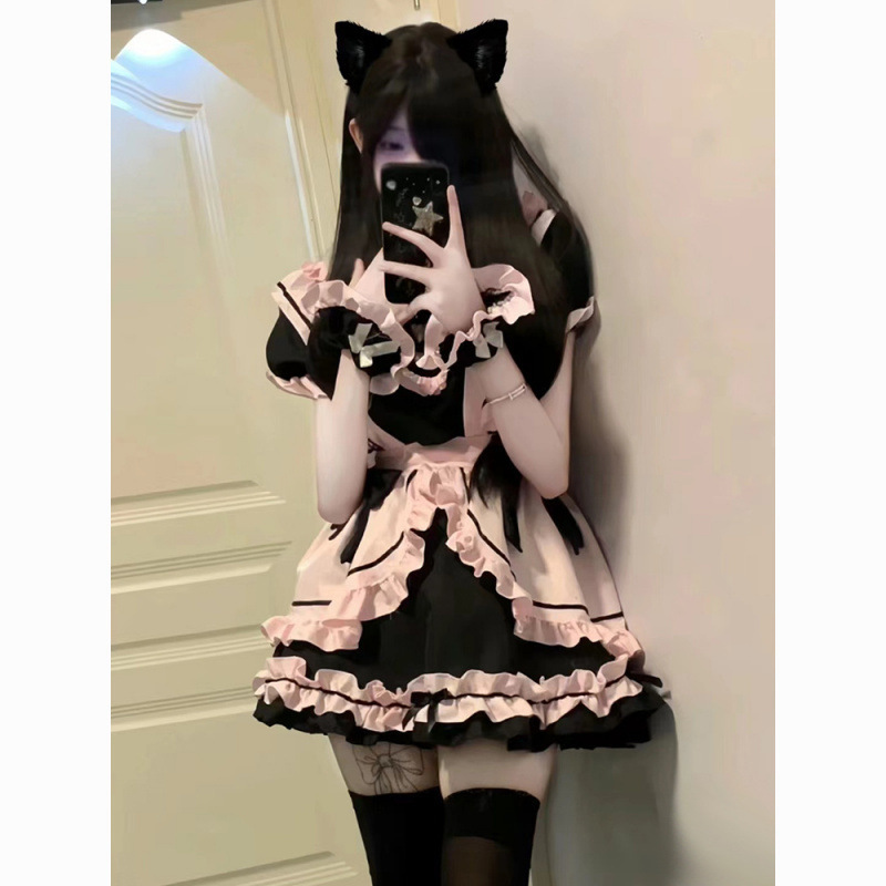 ニャー: ガールキャットメイド服、かわいいヘビーデューティーの大きなリボンのテール付きデイリーロリータドレス|undefined