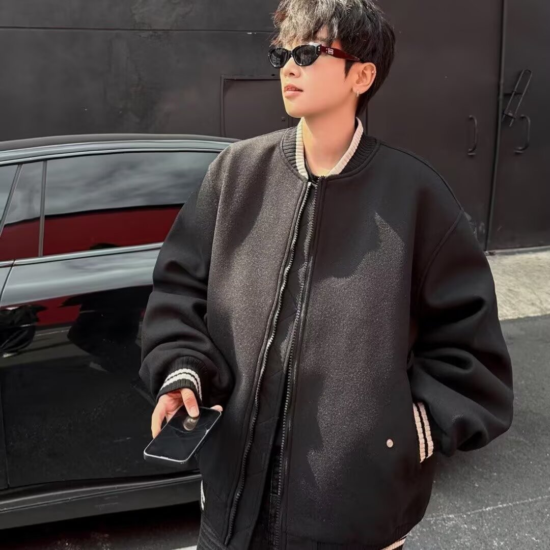 Kurze Wolljacke, Retro-Baumwolljacke, Baseballjacke, Dicke Pilotenjacke_voghion.com