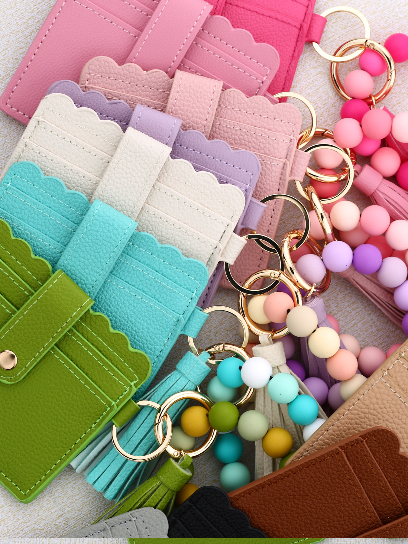 All Seasons Season Women's Solid Color PU Silica Gel Tassel Snap Button Card Holders