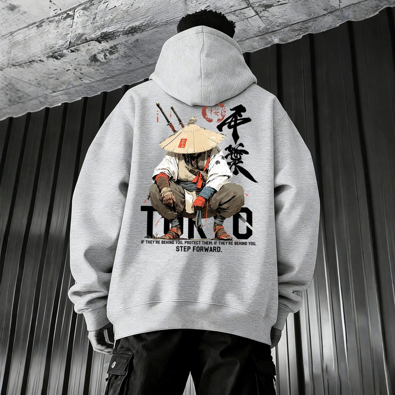 Japanese High Street Style Samurai Hat Pattern Sweatshirt, Hardcore Protection Slogan Hoodie, Men's Loose Trendy Brand