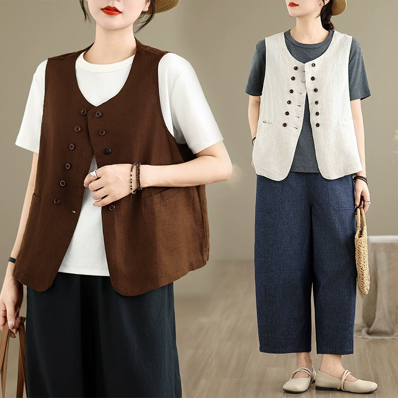 Реальный снимок летнего хлопчатобумажного и льняного жилета для женщин 2025 года, художественный свободный двубортный жилет без рукавов.