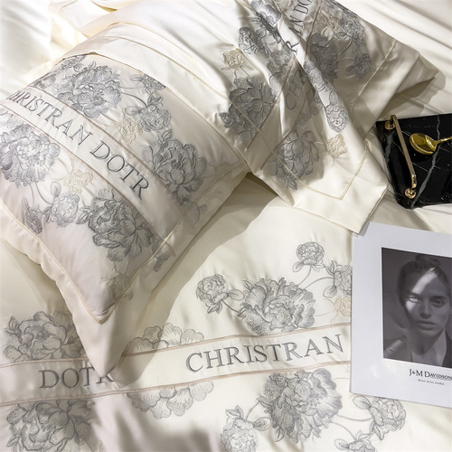 Spring and summer new 60-count snow lotus ice silk four-piece set embroidered washed cold feeling silky quilt cover live delivery