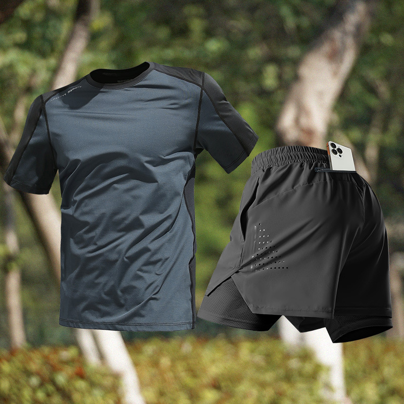 スポーツスーツメンズアイスシルクTシャツ夏薄手速乾半袖トレーニングランニング用品フィットネス服新しいスタイル|undefined