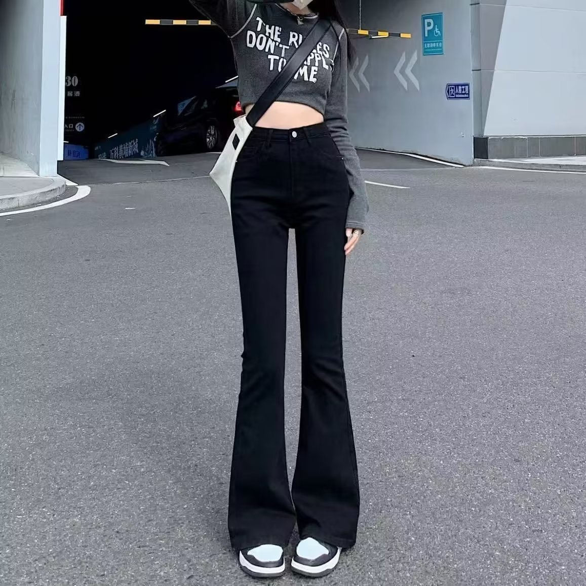 Black Micro-Flared Jeans for Women 2025 New Autum Slim High-Waisted Pants Stretch Horseshoe Wide-Leg Pants