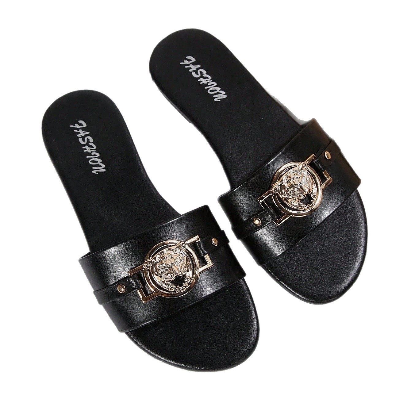 Sandalias Planas para Mujer de Cuero Sintético con Decoración Metálica para Uso Casual