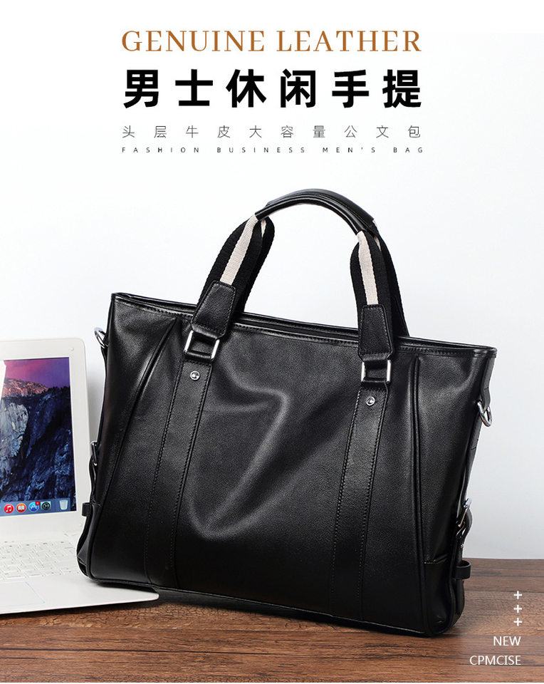 Túi xách tay nam da bò lớp đầu 15.6 inch dạng cặp công sở 39×7.5×28 cm — Màu đen chi tiết 1