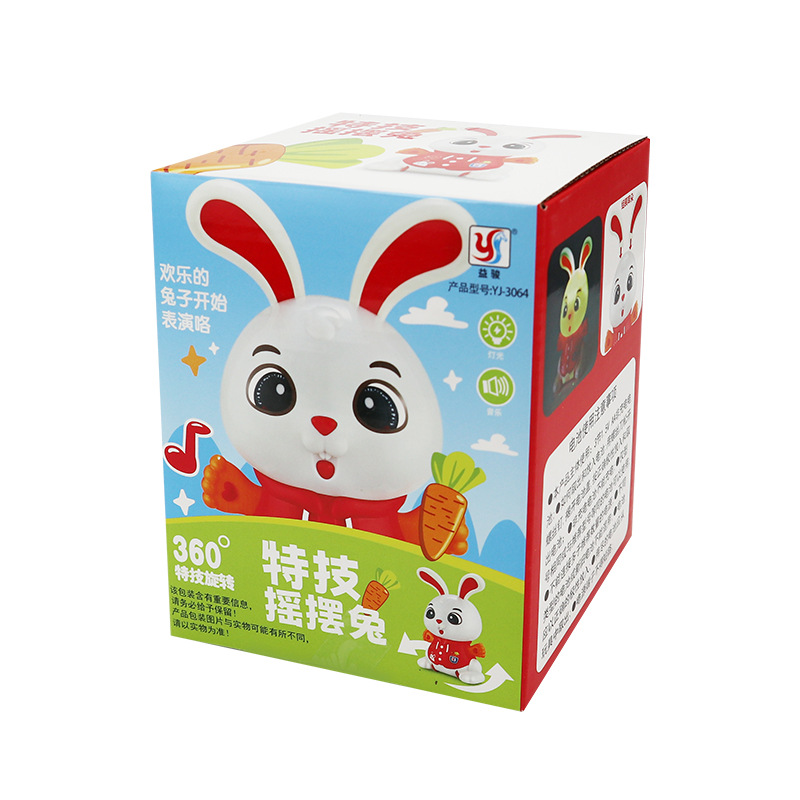 Nuevos productos transfronterizos acrobacias eléctricas swing conejo luz música 360 ° giratoria juguetes de baile regalo de cumpleaños para bebés