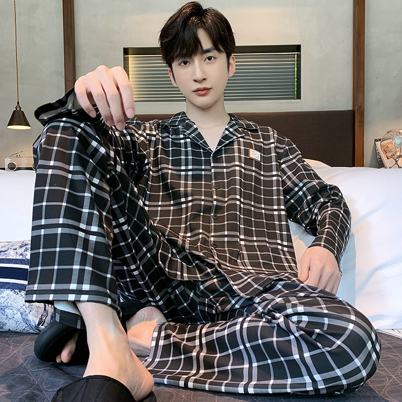 Pijamas de los hombres de primavera y otoño 100% algodón pantalones de manga larga delgada más tamaño de los hombres de alto grado traje de desgaste para el hogar