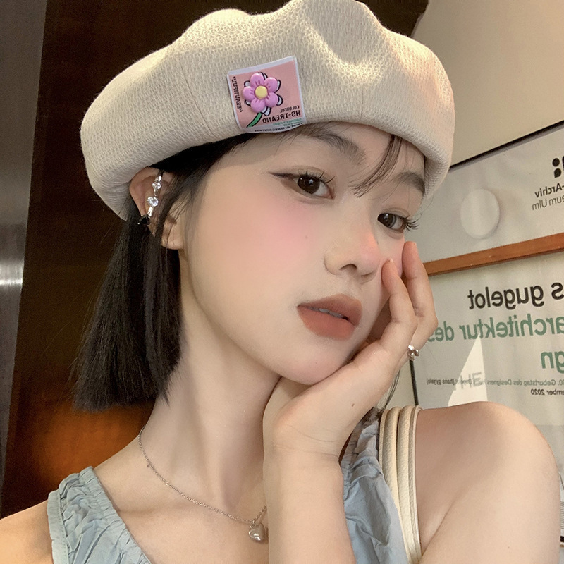 日系可爱花朵蓓蕾画家帽女大头围显脸小贝雷帽百搭薄款八角帽子潮|undefined