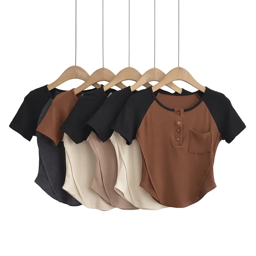 Summer elastic crooked T-shirt with a round collar