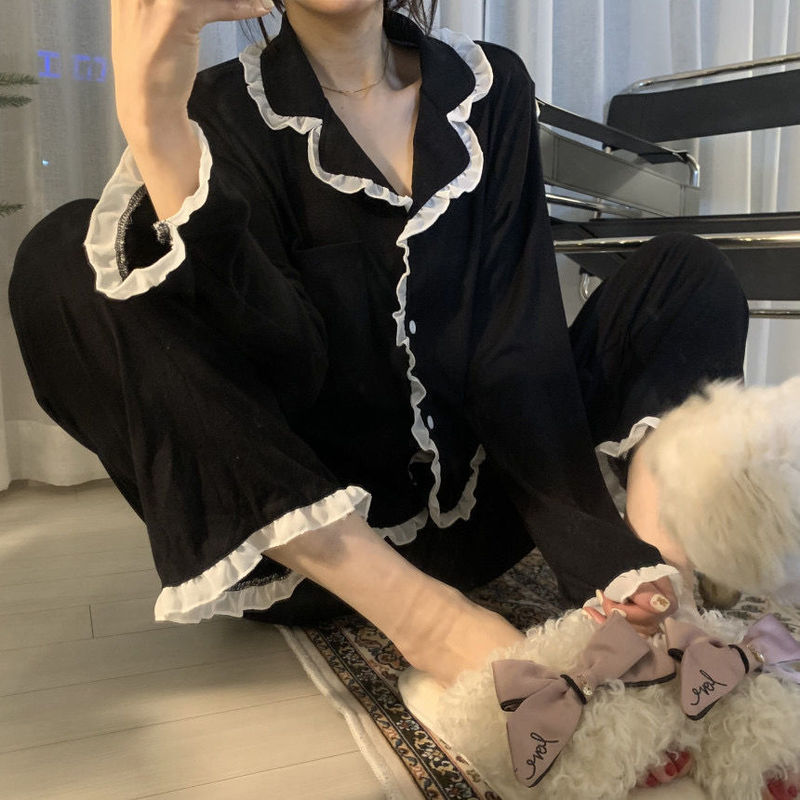 2025 New Trendy Lace Long-Sleeve Simple Black Spring and Autumn Long-Sleeve Long Pants Cardigan Pajamas Women's Loose Set 2025 New Trendy Lace Long-Sleeve Simple Black Spring and Autumn Long-Sleeve Long Pants Cardigan Pajamas Women's Loose Set