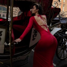 性感欧美风女装镂空露背拼接系带挂脖修身长款包臀街头风连衣裙女