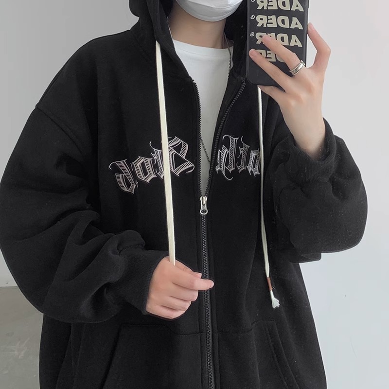 American Style Zipper Hooded Sweater Women's Spring and Autumn Hong Kong Style Loose Casual Jacket Trendy Couple Sports Cardigan Top for Men