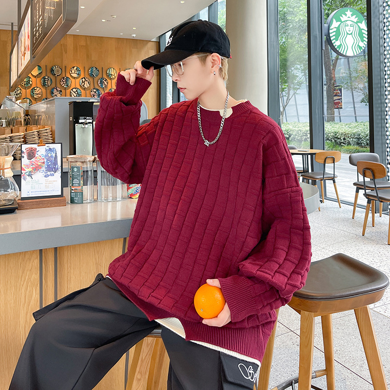Hong Kong-style Soft Waxy Crewneck Sweater Men's Loose Simple All-match Basic Interior Stitching Contrast Color plus size Sweater