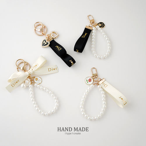 ins pearl string keychain ribbon bow pendant bag pendant handmade French car key chain