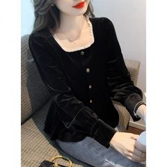 胖mm秋季上衣法式方领长袖金丝绒衬衫女蕾丝拼接遮肉衬衣气质优雅
