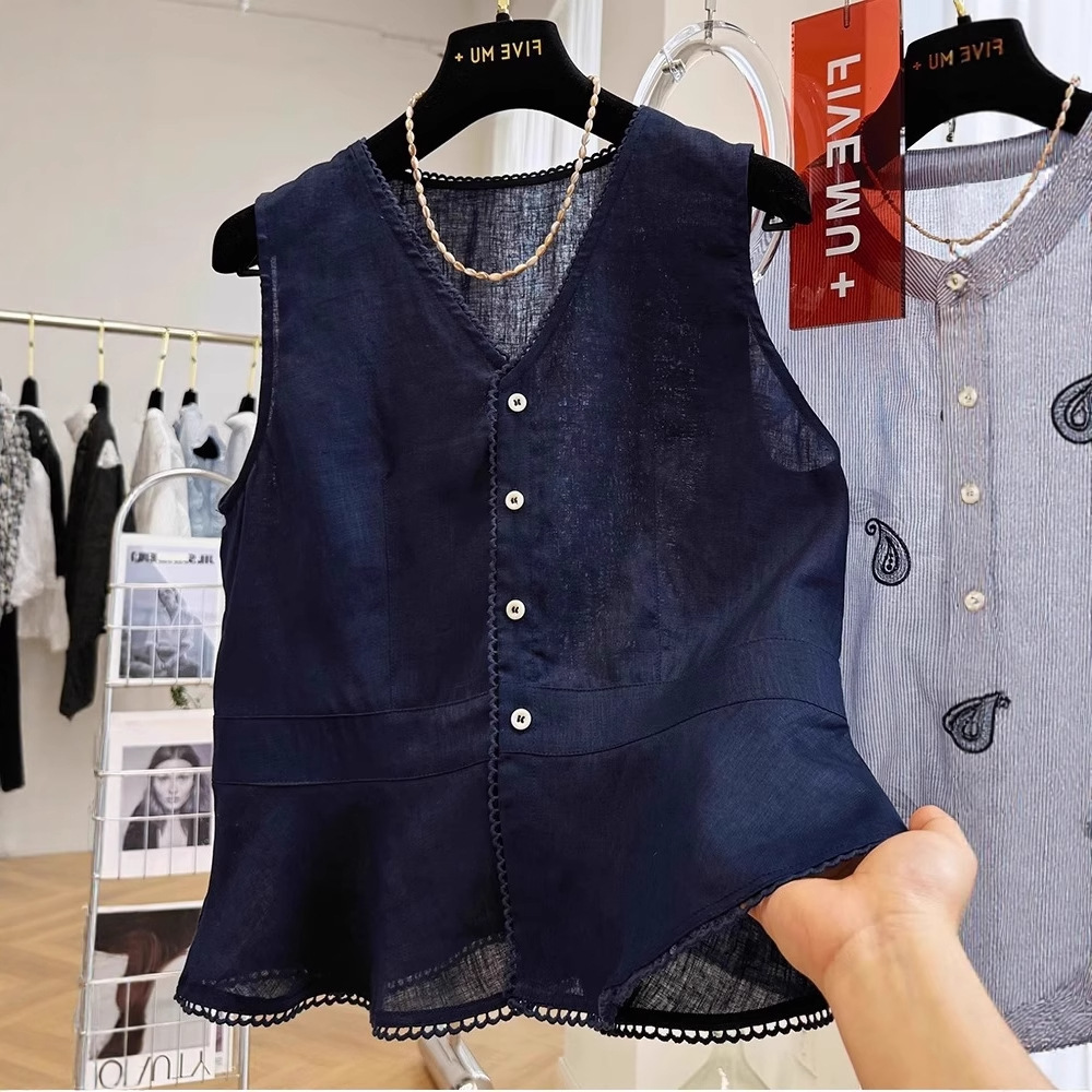 High-End Navy Blue V Neck Sleeveless Ruffled Skirt Top for Women 2025 Summer Outer Vest Top