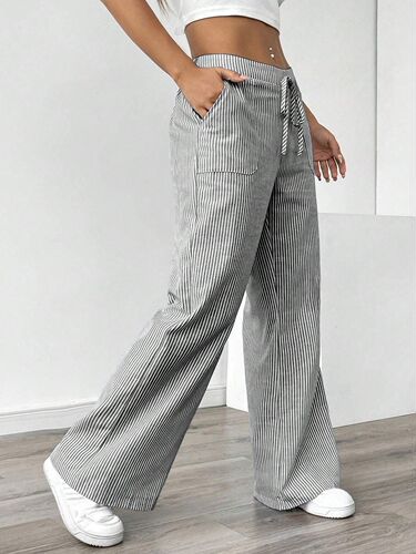 Euramerican Spring and Summer New Striped Long Pants Leisure Match Street Fashion Loose Wide Leg Women
