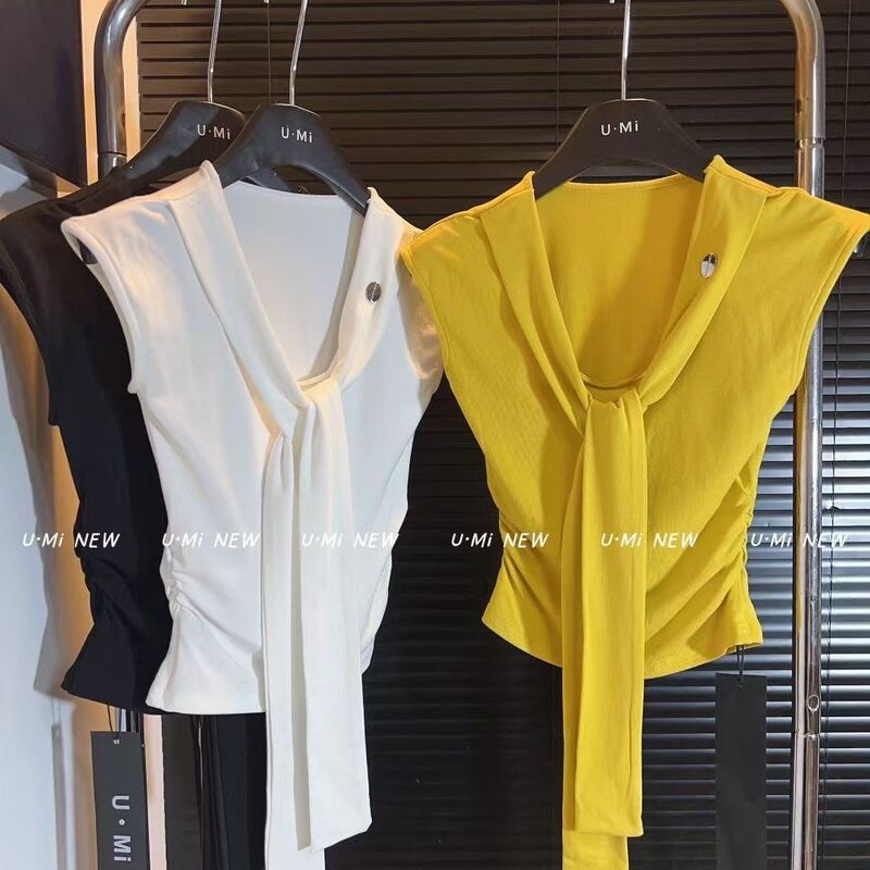 Academy Style Shawl Tie Short-Sleeve T-Shirt 2025 Summer V-Neck Unique Design Simple Slim-Fit Elegant Short Top for Women Academy Style Shawl Tie Short-Sleeve T-Shirt 2025 Summer V-Neck Unique Design Simple Slim-Fit Elegant Short Top for Women