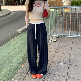 尺寸已更新 韩国chic 法式撞色拼接百搭条纹阔腿西裤休闲裤女装