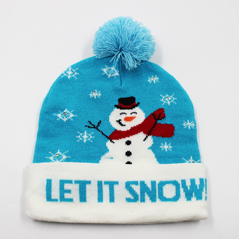 Fabricante transfronterizo de gorros navideños europeos y americanos tejidos en jacquard, gorros navideños de lana con luces LED, gorros navideños con pompón y bufandas. image 43