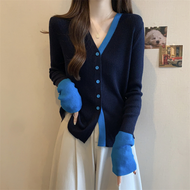 Wool Knitwear Women's Cardigan Long-Sleeved Top Women's Knitwear Bottoming Shirt V Neck Lazy Outwear Autumn Contrasting Color Loose