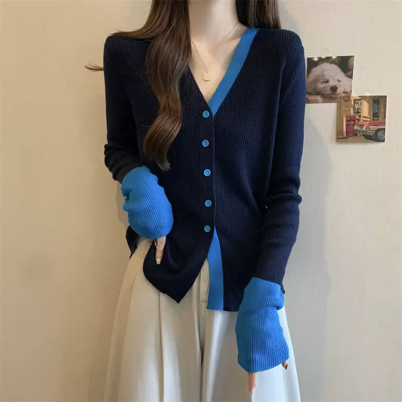 羊毛针织衫女开衫长袖上衣女装毛衣打底衫V领慵懒外套秋撞色宽松