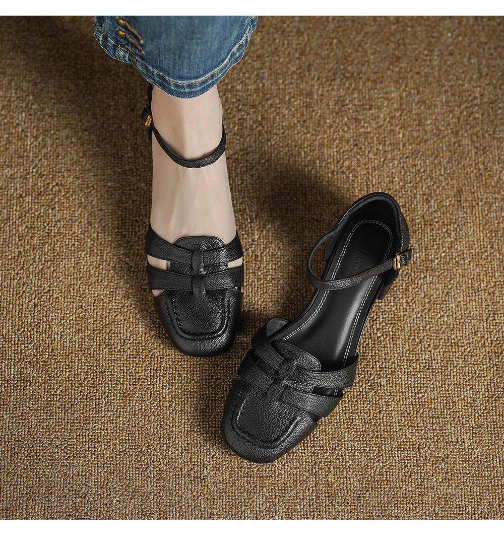 Sandal nữ da cừu mũi nhọn quai khóa gót thô 9 cm — đen chi tiết 4