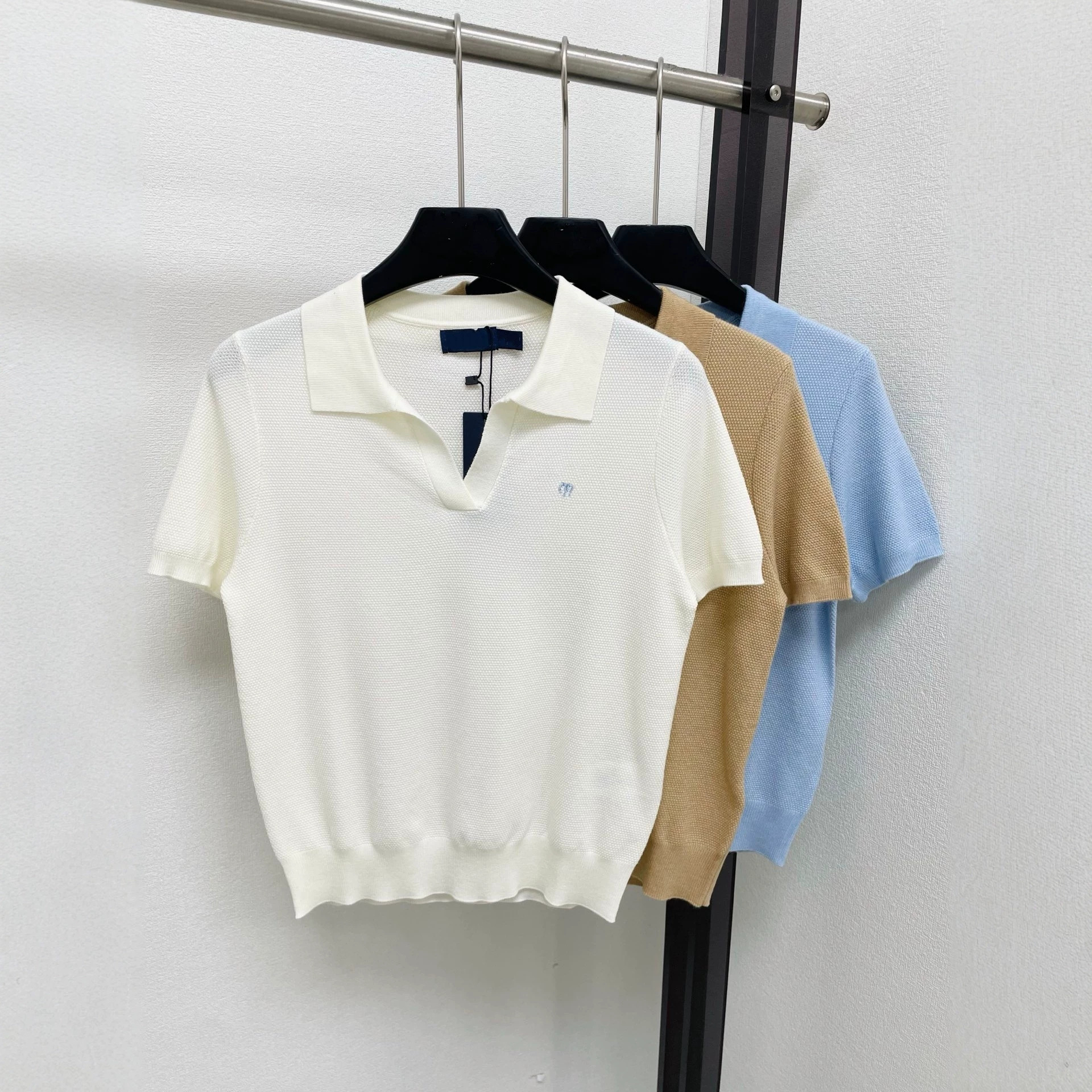 High-end, vintage-style, pony embroidery women's POLO collar short-sleeved T-shirt, thin knit top for summer.