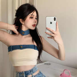 辣妹牛仔拼接撞色抹胸背心吊带女夏季性感修身收腰一字肩露脐上衣