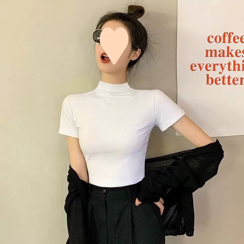 여성용 빅 사이즈 블랙 하프 터틀넥 반팔 셔츠 봄 여름 미드 칼라 얇은 탑 타이트 이너 레이어링 셔츠