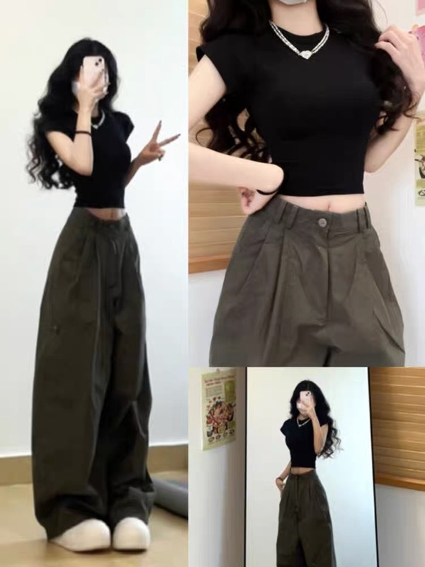 夏クールでクールな妹のファッションアメリカンレトロホットガールピュアデザイアスタイルトップスワークウェアワイドレッグパンツツーピースレディースセット|undefined