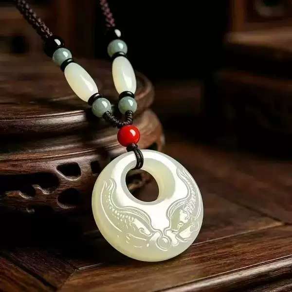 Imitation Hetian white jade "Abundance of Fish" pendant sweater chain, genuine jade jewelry, jade pendant for men and women