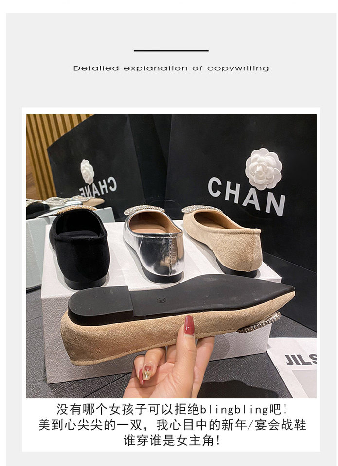 Giày búp bê nữ mũi nhọn đính đá lấp lánh gót thấp 1–3 cm — Màu bạc, Màu mơ, Màu đen chi tiết 7