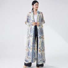 外贸三宅风衣外套女春秋复古民族风印花翻领宽松大码时尚百搭大衣