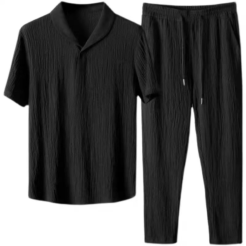 Ice Silk Linen suit Men's Summer plus size Casual Sports suit Men's Trendy Brand Thin Short-sleeved Cropped Pants Two-piece Set